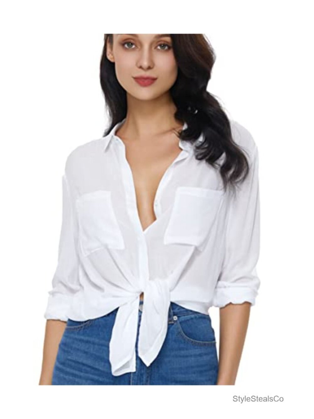 Oversized V-Neck Button Down Shirt Long Sleeve Blouse Loose Fit Work Top